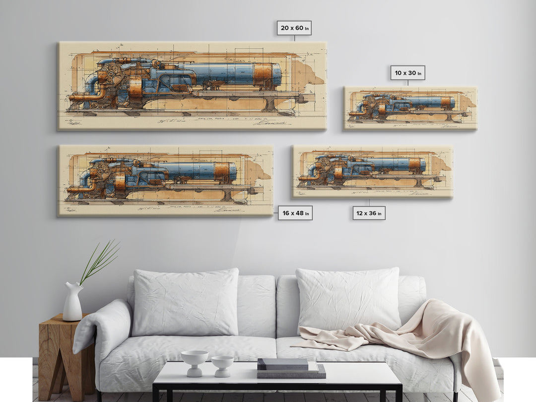 Engine Blueprint Technical Drawing Framed Canvas Print, Garage Art, Decor, Garage Decor, Fine Art, Motor, Car Wall Art, GAR-3x1-51