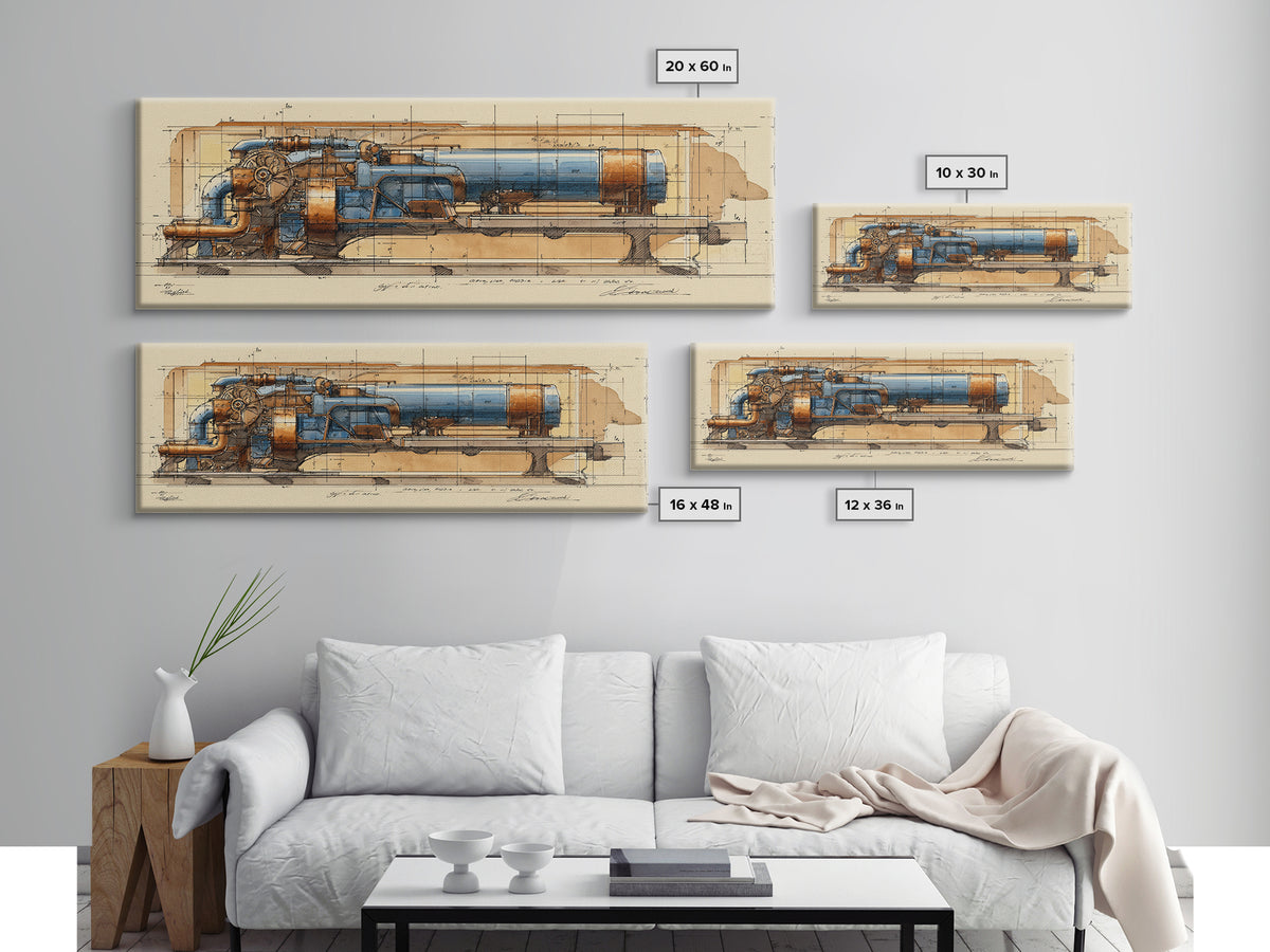 Engine Blueprint Technical Drawing Framed Canvas Print, Garage Art, Decor, Garage Decor, Fine Art, Motor, Car Wall Art, GAR-3x1-51