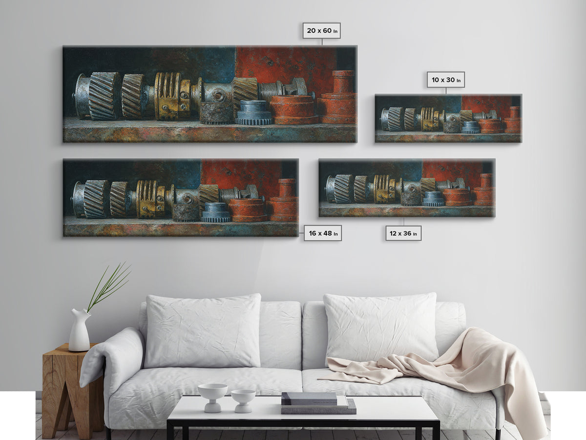 Camshaft and Gears Industrial Still Life Framed Canvas Print, Garage Art, Contemporary Art, Garage Decor, Fine Art, Motor, GAR-3x1-55