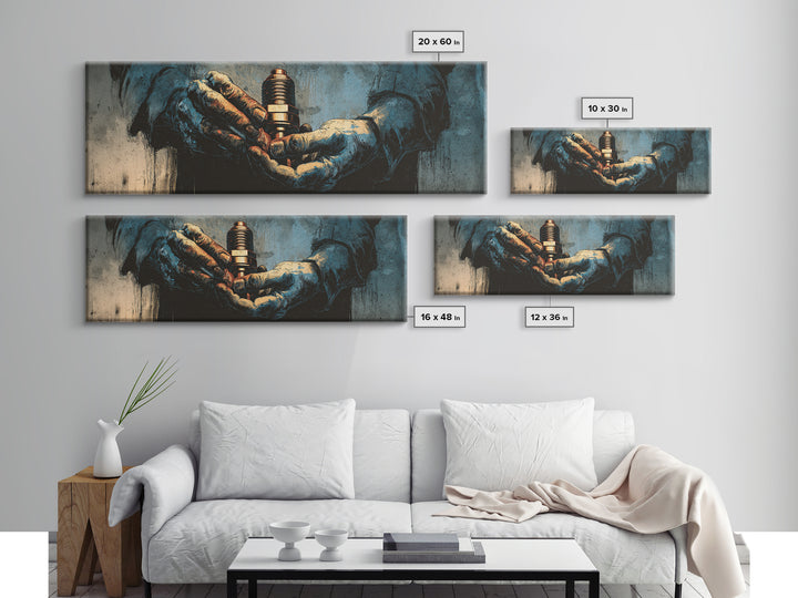 Mechanic Hands Holding a Spark Plug Canvas Print, Garage Art, Art Print, Garage Decor, Oil Painting, Motor, Canvas Wall Art, GAR-3x1-70