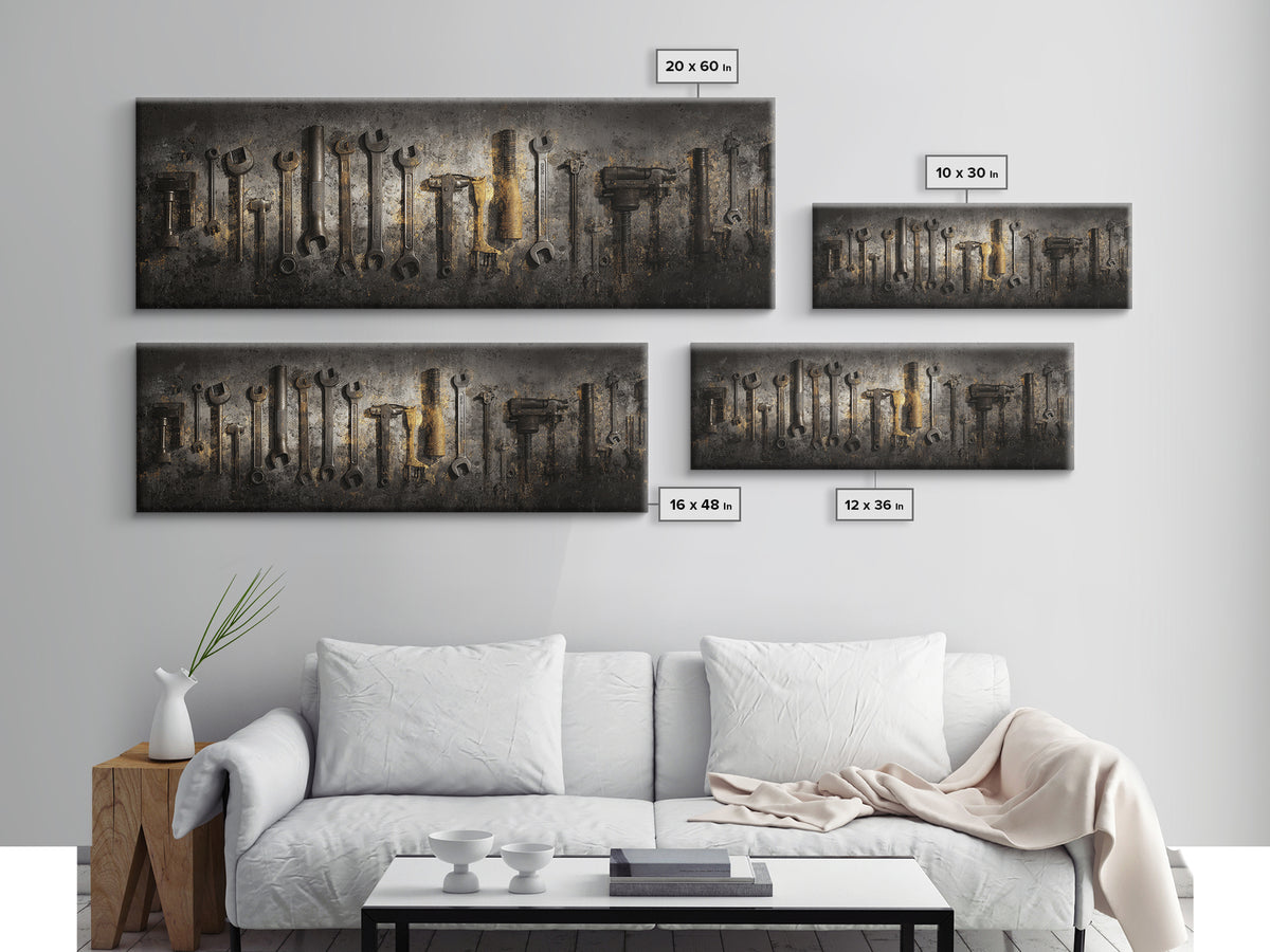 Garage Tool Silhouettes Arranged as Graphic Icons Canvas Print, Garage Art, Art, Garage Decor, Fine Art, Motor, Car Art, GAR-3x1-78