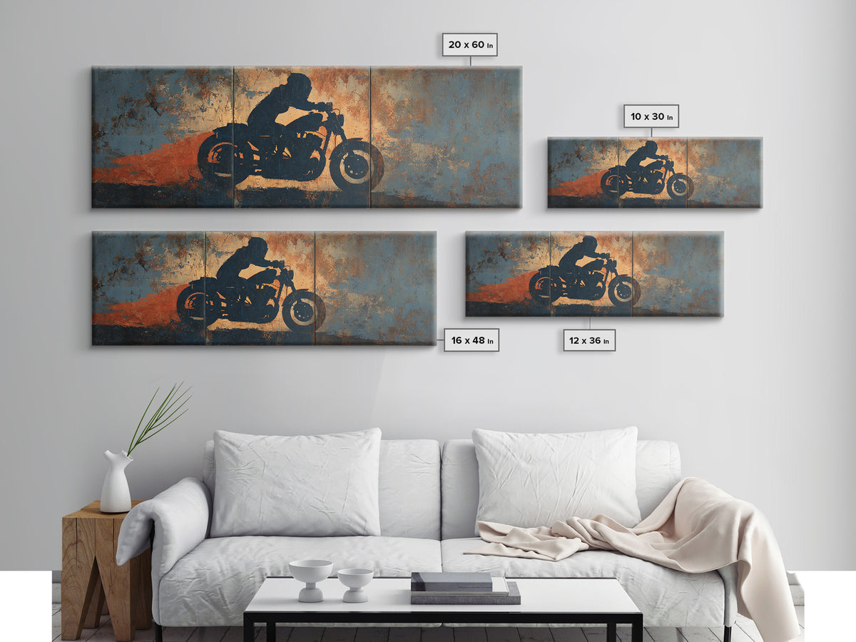 Motorcycle Rider Silhouette Canvas Print, Garage Art, Minimalist Decor, Garage Decor, Oil Painting, Motor, Metal Art, GAR-3x1-88