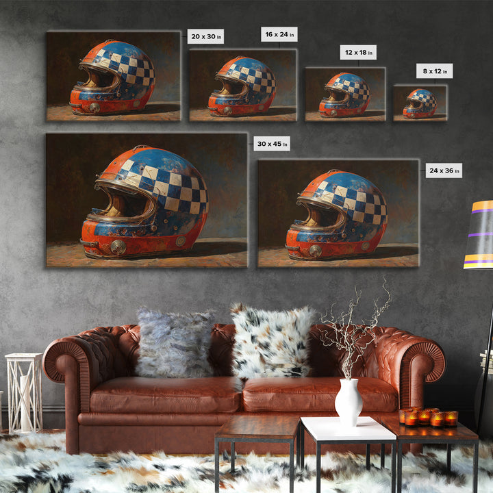 Racing Helmet with Checkered Flag Pattern Framed Canvas Print, Garage Art, Black and White Art, Garage Decor, Fine Art, Motor, GAR-3x2-24