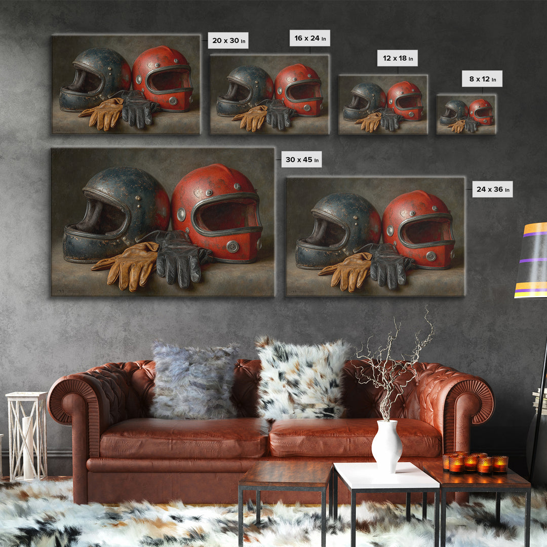 Motorcycle Helmet and Leather Gloves Still Life Canvas Print, Garage Art, Game Room Art, Garage Decor, Oil Painting, Motor, GAR-3x2-37