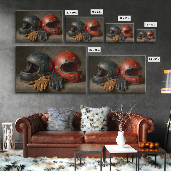Motorcycle Helmet and Leather Gloves Still Life Canvas Print, Garage Art, Game Room Art, Garage Decor, Oil Painting, Motor, GAR-3x2-37