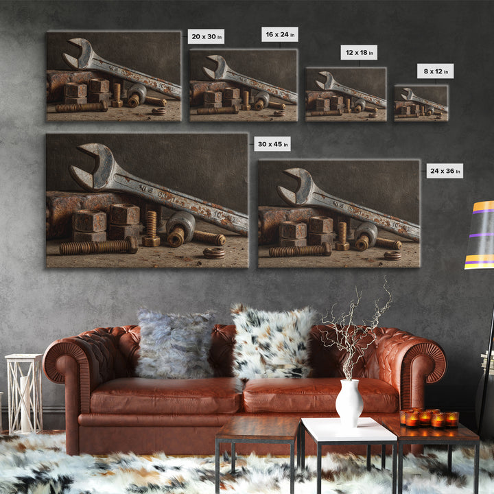 Wrench and Bolts Arranged Like Old Master Canvas Print, Garage Art, Industrial Wall Art, Garage Decor, Abstract Art, Motor, GAR-3x2-94