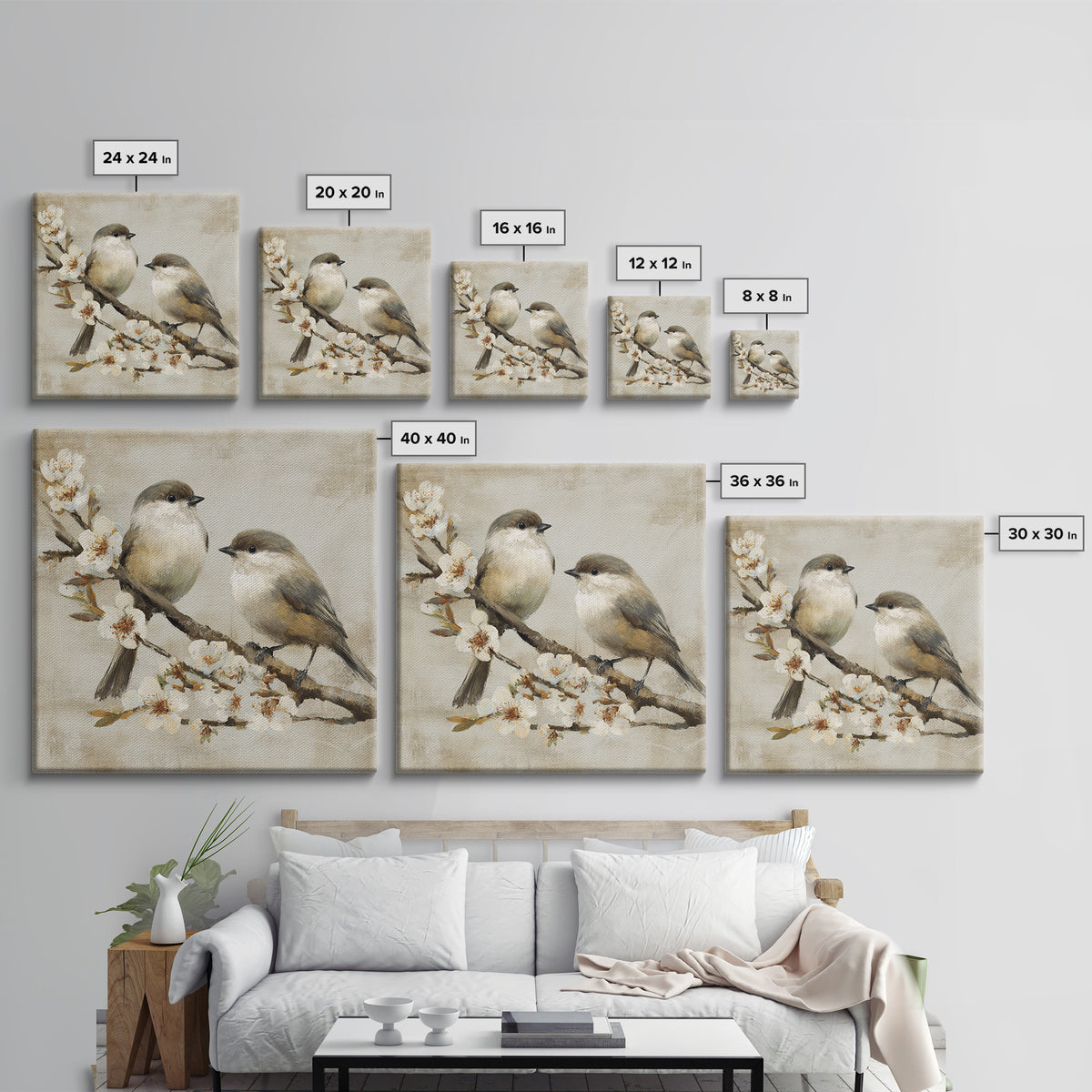 Small Bird Pair on Flowering Branch Framed Canvas Print, Guest Bedroom Art, Home, Bedroom Decor, Guest, Bedroom Wall Art, GBA-1x1-28