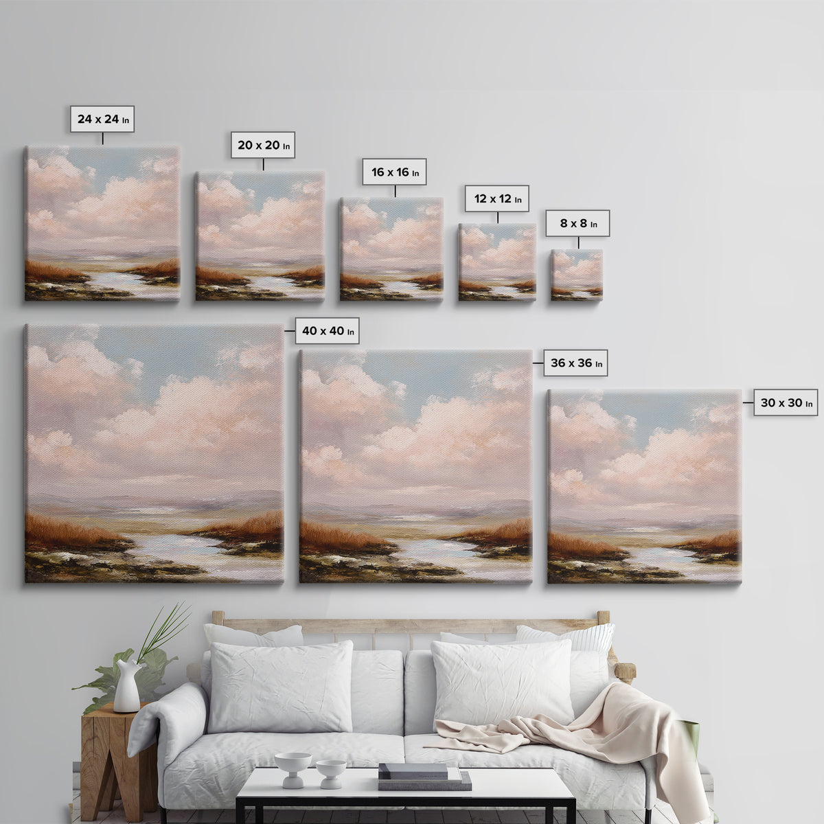 Romantic Cloudscape in Blush and Ivory Canvas Print, Guest Bedroom Art, Set of 3 Wall Art, Bedroom Decor, Fine Art, Guest, GBA-1x1-35
