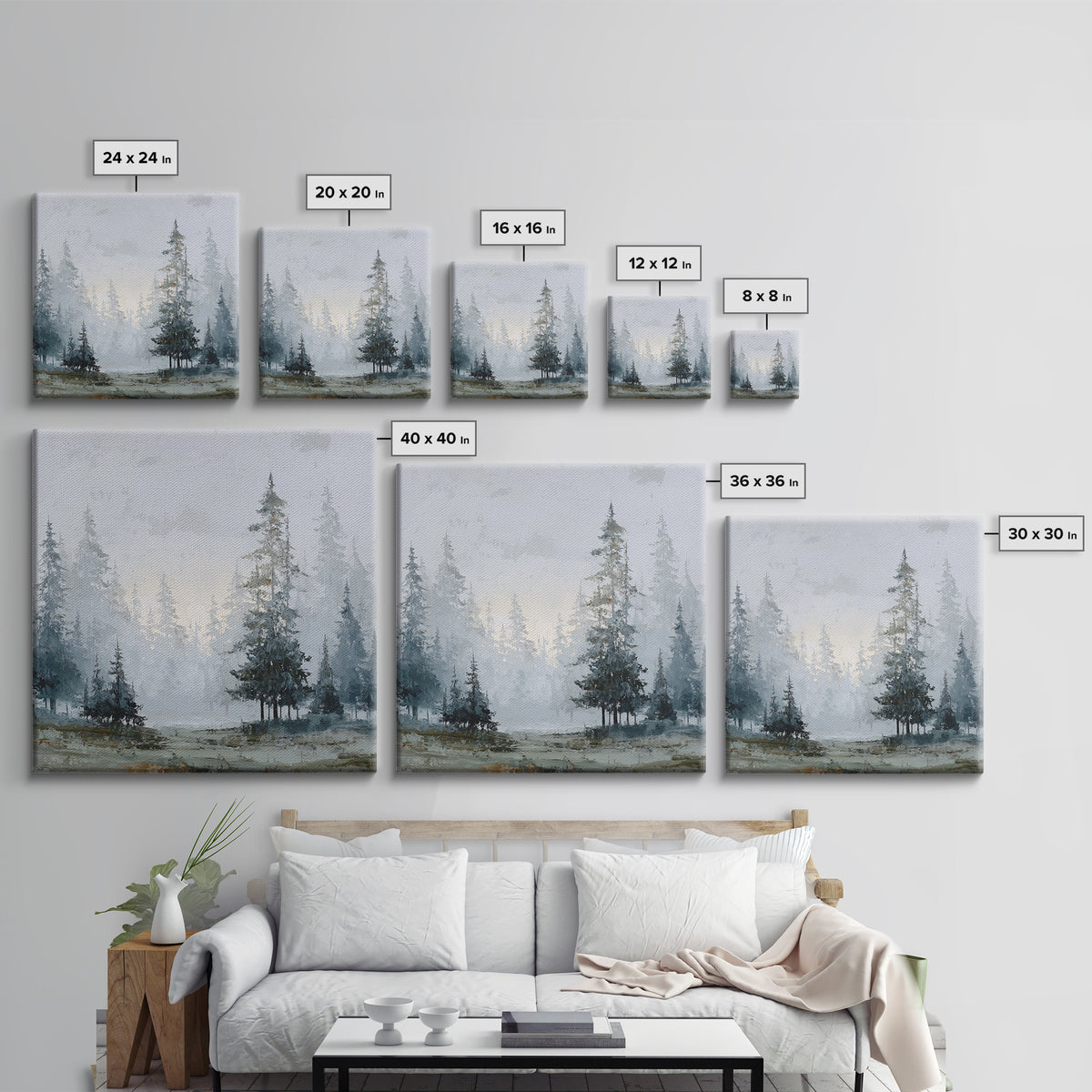 Monochrome Forest Silhouette Framed Canvas Print, Guest Bedroom Art, Bedroom Prints, Bedroom Decor, Guest, Minimalist Decor, GBA-1x1-37