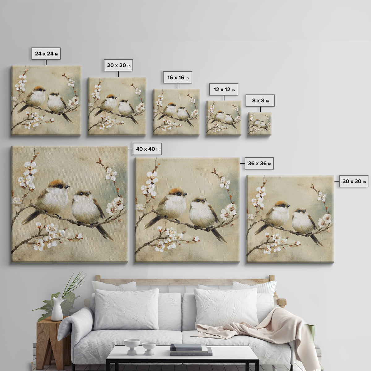 Small Bird Pair on Flowering Branch Canvas Print, Guest Bedroom Art, Home Decor, Bedroom Decor, Fine Art, Guest, Printable Art, GBA-1x1-4