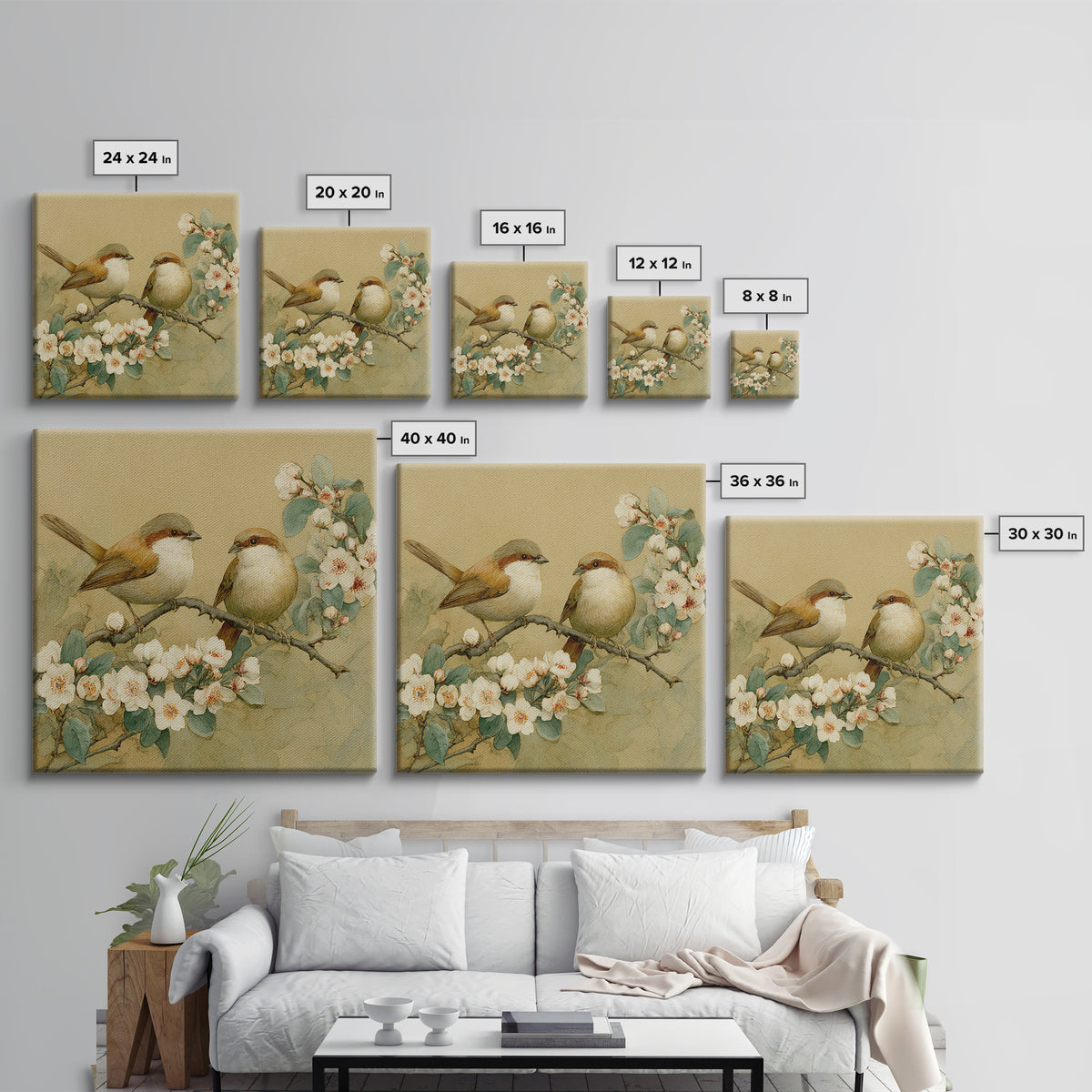 Small Bird Pair on Flowering Branch Canvas Print, Guest Bedroom Art, Funky Wall Art, Bedroom Decor, Watercolor Art, Guest, GBA-1x1-76