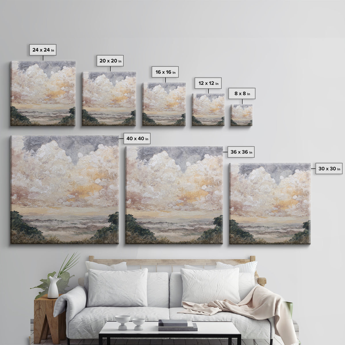Romantic Cloudscape in Blush and Ivory Framed Canvas Print, Guest Bedroom Art, Statement Artwork, Bedroom Decor, Guest, GBA-1x1-83