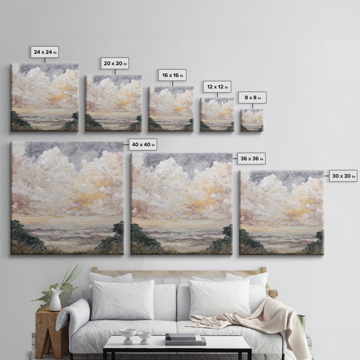 Romantic Cloudscape in Blush and Ivory Framed Canvas Print, Guest Bedroom Art, Statement Artwork, Bedroom Decor, Guest, GBA-1x1-83