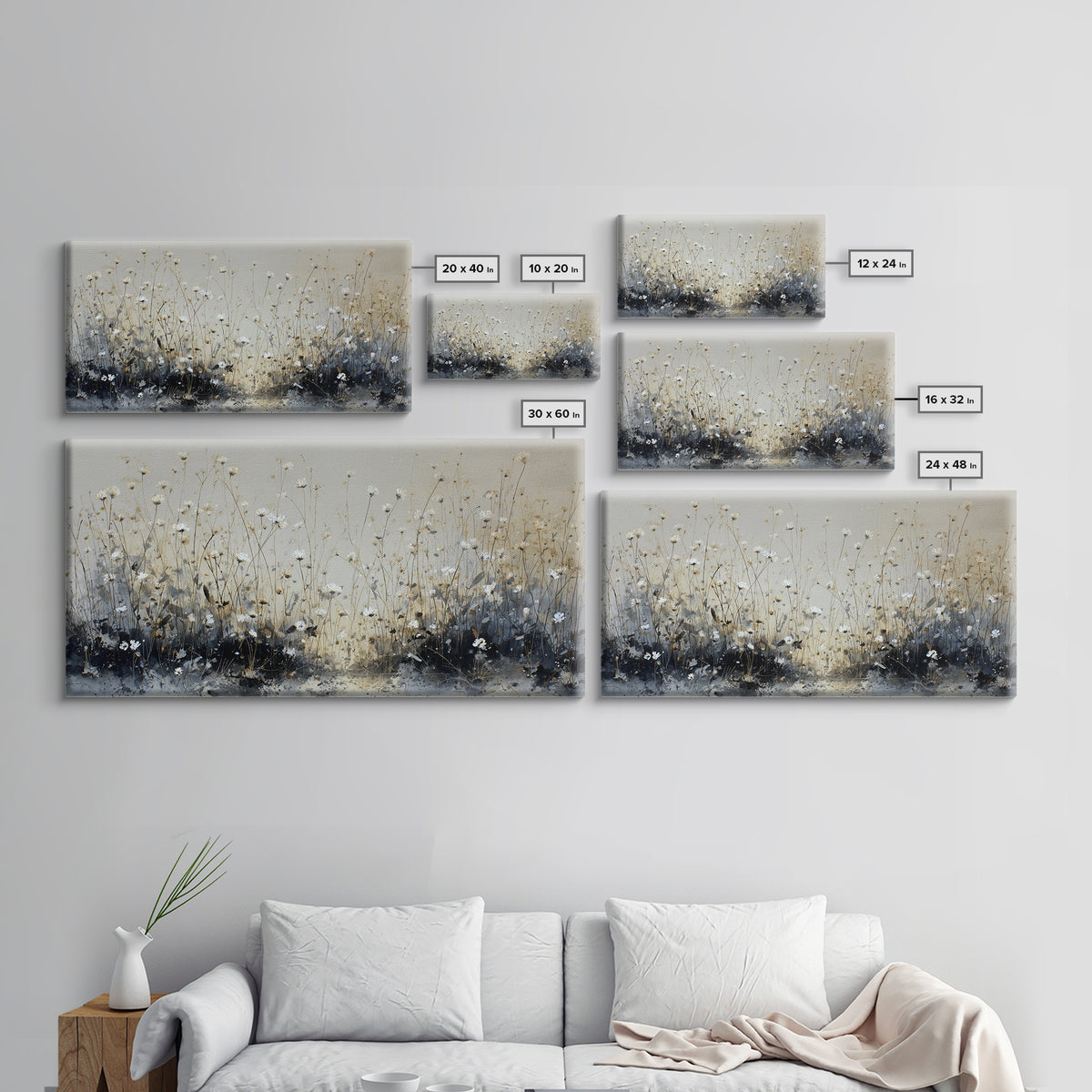 Sunlit Meadow with Delicate Flowers Framed Canvas Print, Guest Bedroom Art, Bedroom Decor, Watercolor Art, Guest, GBA-2x1-35