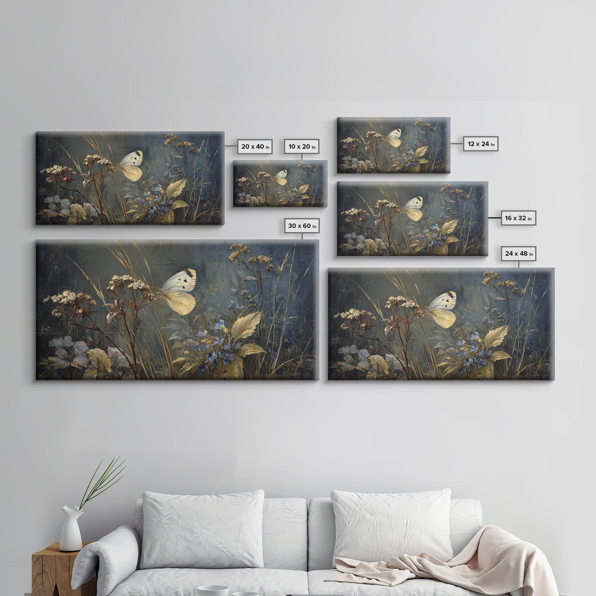 Garden Butterfly and Flowers Specimen Study Framed Canvas Print, Guest Bedroom Art, Farmhouse Wall Art, Bedroom Decor, Guest, GBA-2x1-67
