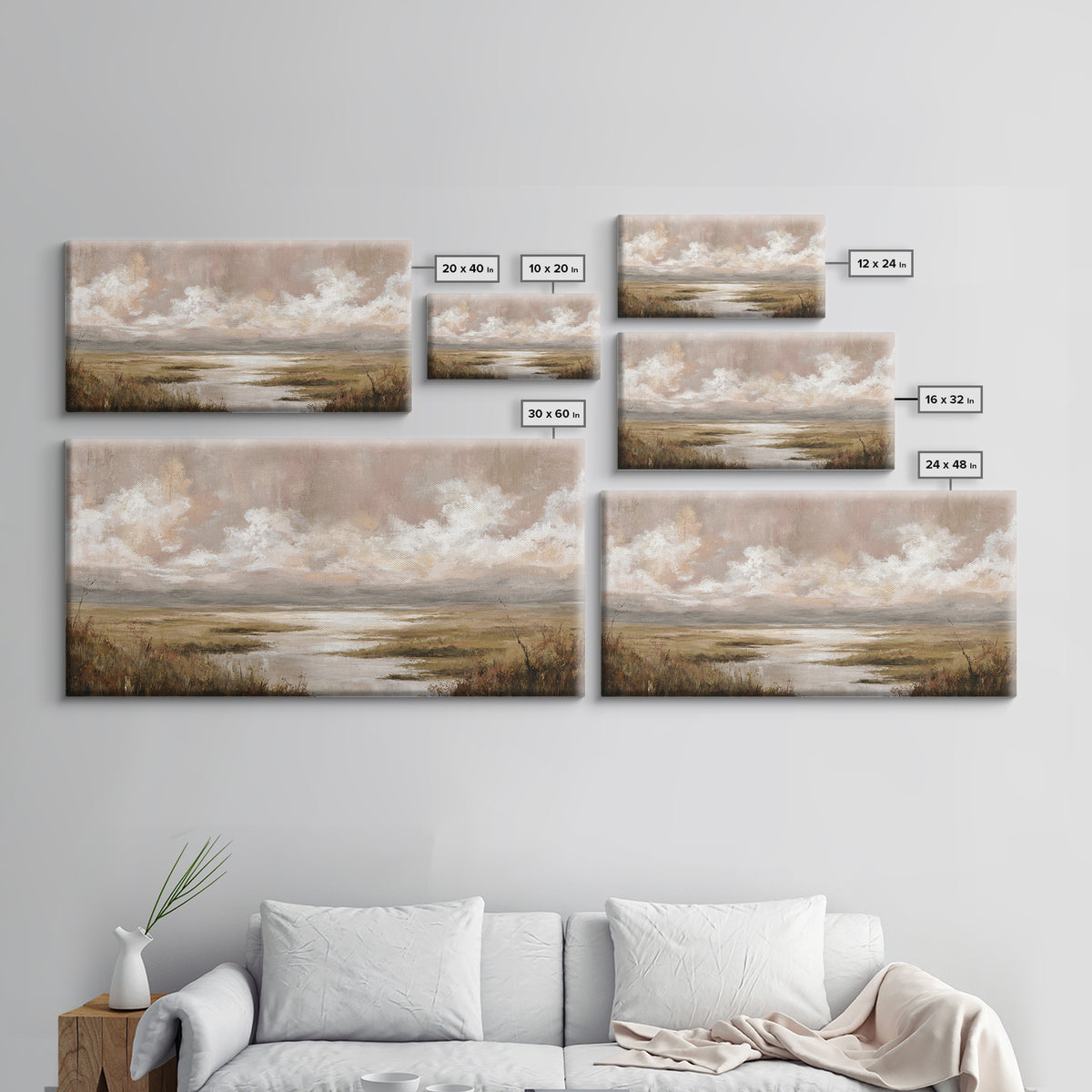 Romantic Cloudscape in Blush and Ivory Framed Canvas Print, Guest Bedroom Art, Minimalist Wall Art, Bedroom Decor, Guest, GBA-2x1-79