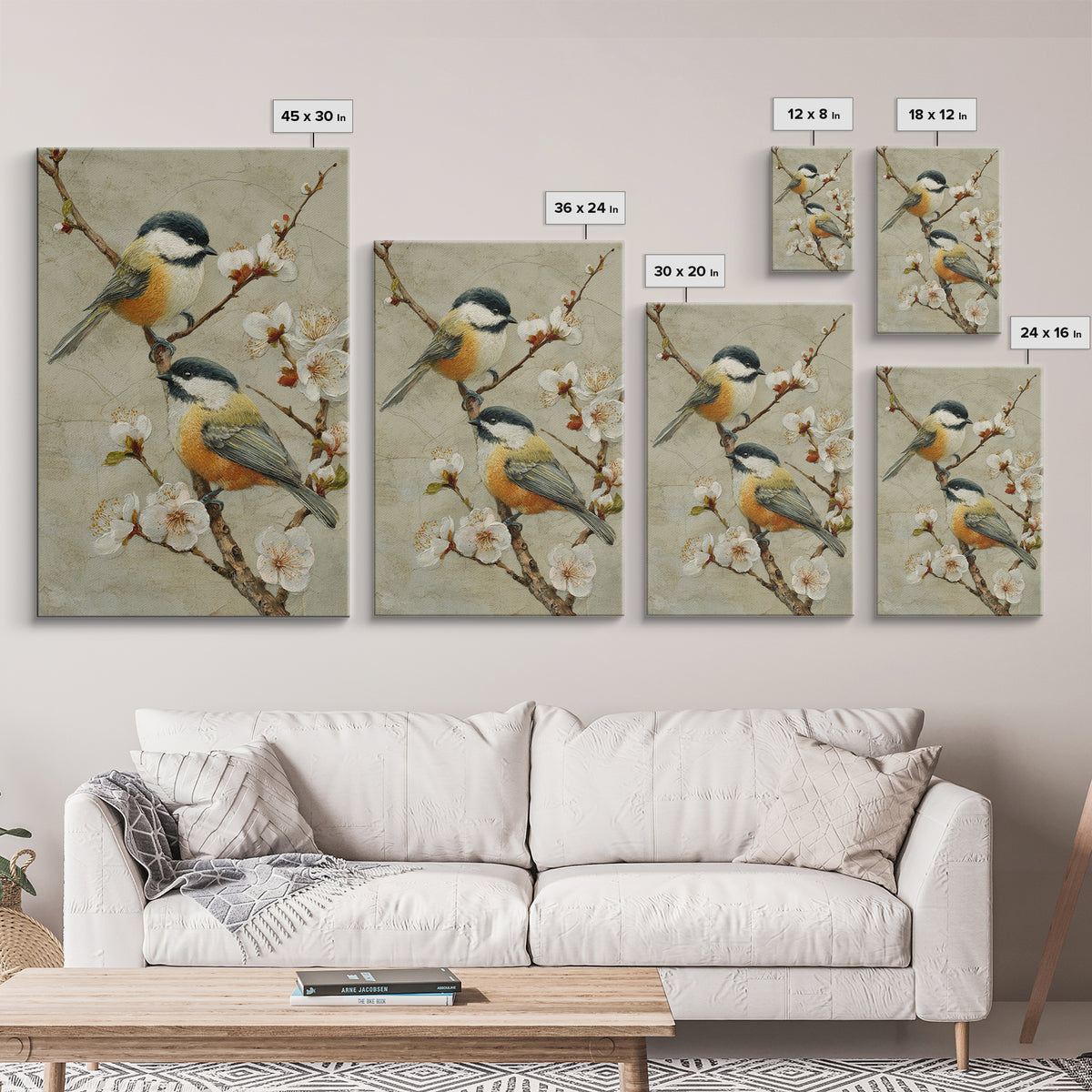 Small Bird Pair on Flowering Branch Framed Canvas Print, Guest Bedroom Art, Cat Wall Art, Bedroom Decor, Fine Art, Guest, GBA-2x3-36