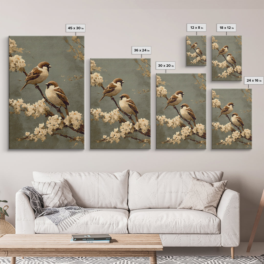 Small Bird Pair on Flowering Branch Framed Canvas Print, Guest Bedroom Art, Wall Art, Bedroom Decor, Watercolor Art, Guest, GBA-2x3-60