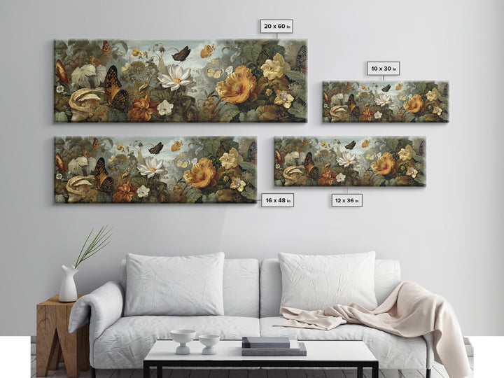 Garden Butterfly and Flowers Specimen Study Framed Canvas Print, Guest Bedroom Art, Farmhouse Wall Art, Bedroom Decor, Guest, GBA-3x1-15