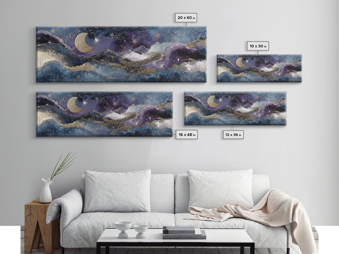 Minimal Moon and Stars Composition Framed Canvas Print, Guest Bedroom Art, New Home, Bedroom Decor, Watercolor Art, Guest, GBA-3x1-32