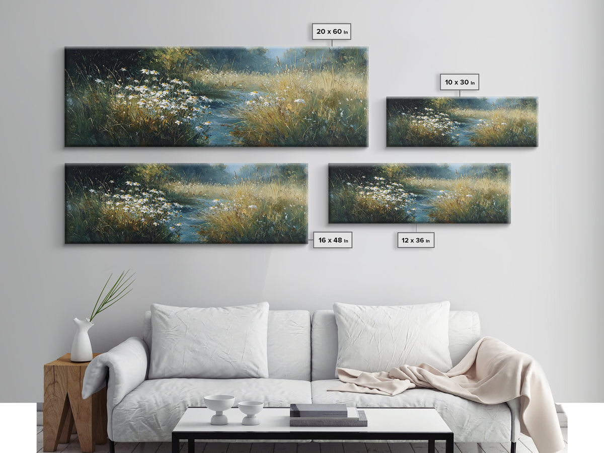 Sunlit Meadow with Delicate Flowers Framed Canvas Print, Guest Bedroom Art, Bedroom Decor, Oil Painting, Guest, GBA-3x1-55