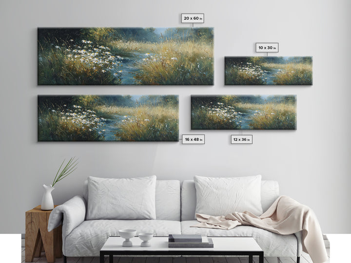 Sunlit Meadow with Delicate Flowers Framed Canvas Print, Guest Bedroom Art, Bedroom Decor, Oil Painting, Guest, GBA-3x1-55