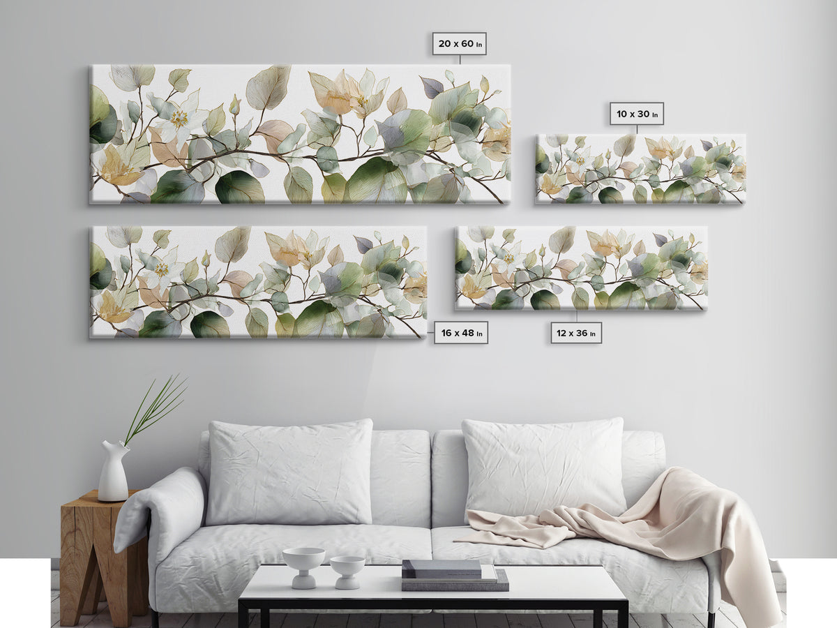 Calming Eucalyptus Watercolor Branches Framed Canvas Print, Guest Bedroom Art, Pink Wall Art, Bedroom Decor, Fine Art, Guest, GBA-3x1-74