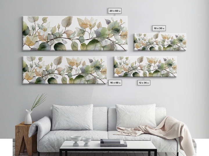 Calming Eucalyptus Watercolor Branches Framed Canvas Print, Guest Bedroom Art, Pink Wall Art, Bedroom Decor, Fine Art, Guest, GBA-3x1-74