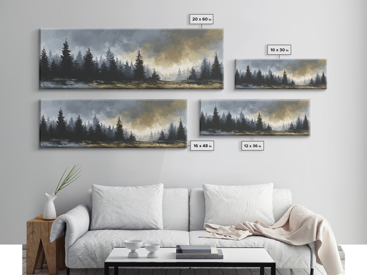 Monochrome Forest Silhouette Framed Canvas Print, Guest Bedroom Art, Bedroom Wall Decor, Bedroom Decor, Oil Painting, Guest, GBA-3x1-77
