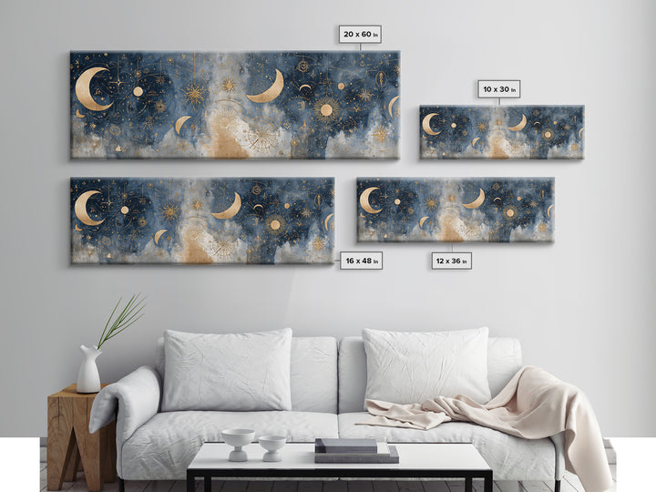 Minimal Moon and Stars Composition Canvas Print, Guest Bedroom Art, Above Bed Decor, Bedroom Decor, Fine Art, Guest, Boho Decor, GBA-3x1-8