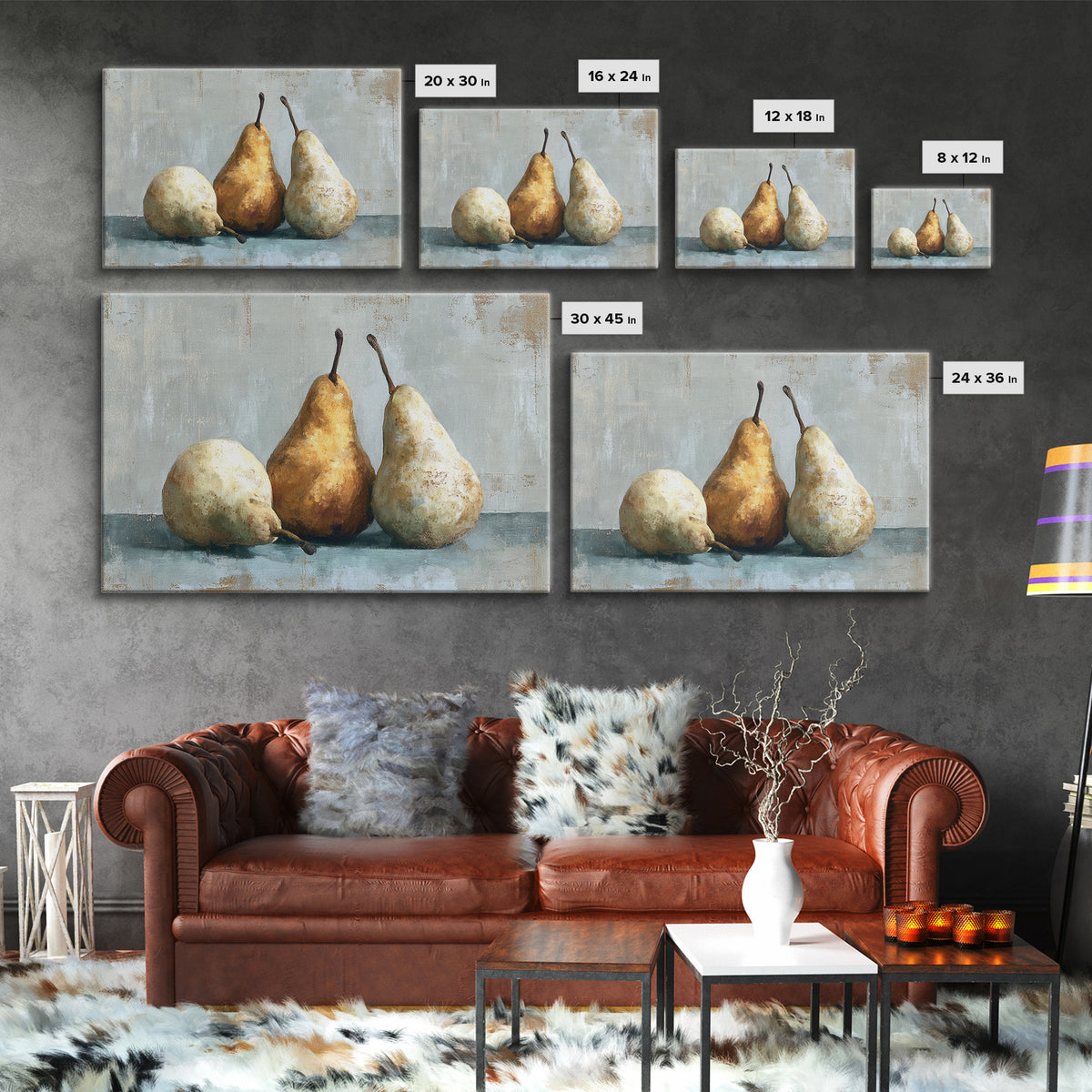 Classic Pear Still Life for Cozy Hospitality Framed Canvas Print, Guest Bedroom Art, Living Room Decor, Bedroom Decor, Guest, GBA-3x2-24