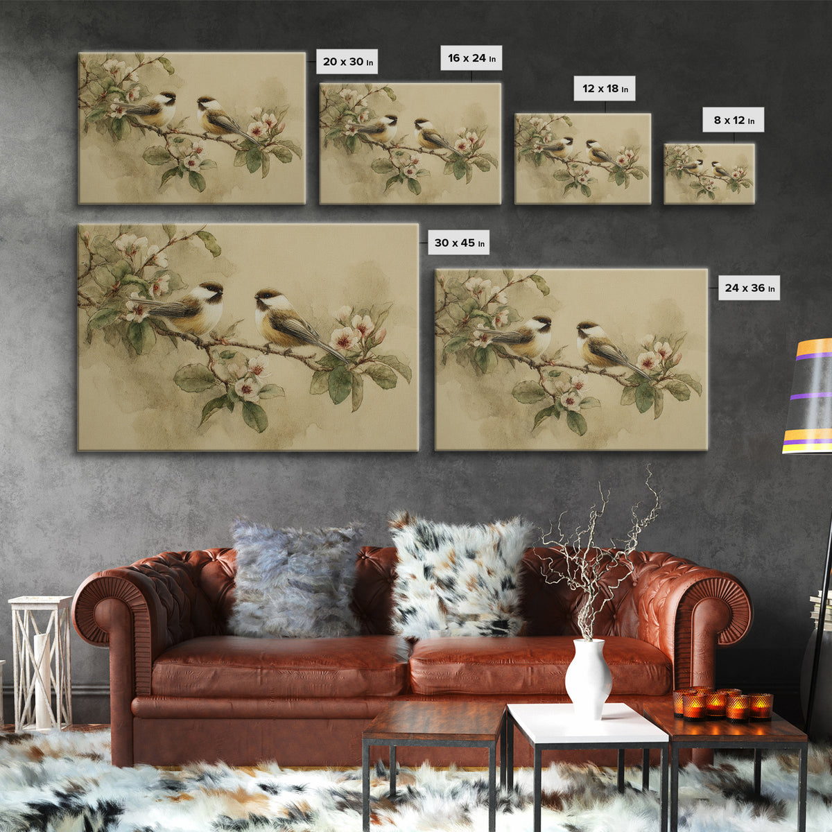 Small Bird Pair on Flowering Branch Framed Canvas Print, Guest Bedroom Art, Digital Print, Bedroom Decor, Fine Art, Guest, GBA-3x2-8