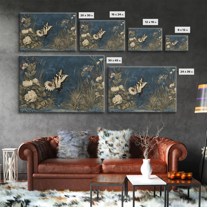 Garden Butterfly and Flowers Specimen Study Framed Canvas Print, Guest Bedroom Art, Minimalist Decor, Bedroom Decor, Guest, GBA-3x2-99