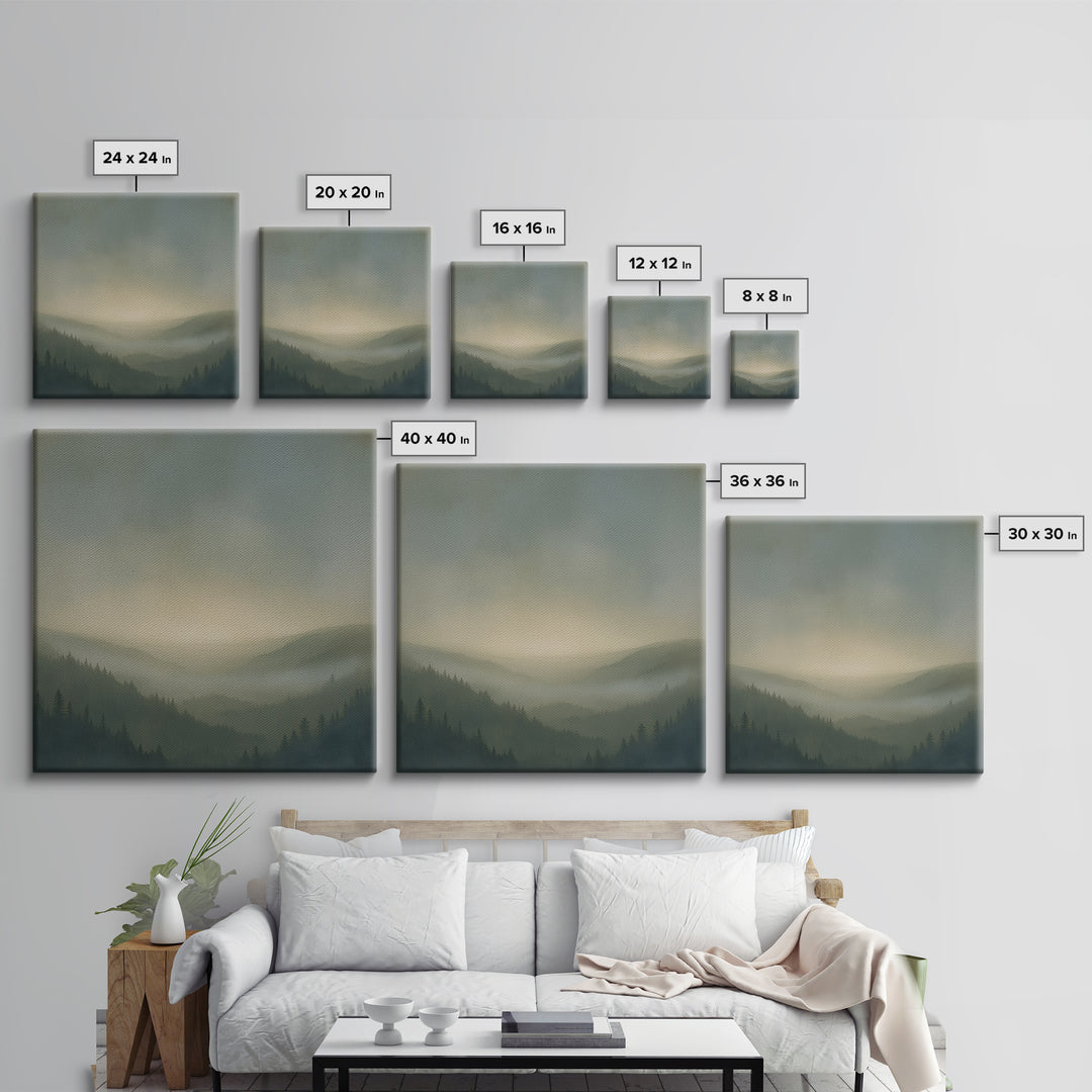 Misty Mountain Valley Framed Canvas Print, General Fine Art, Digital Print, Living Room Decor, Watercolor Art, GEN-1x1-100
