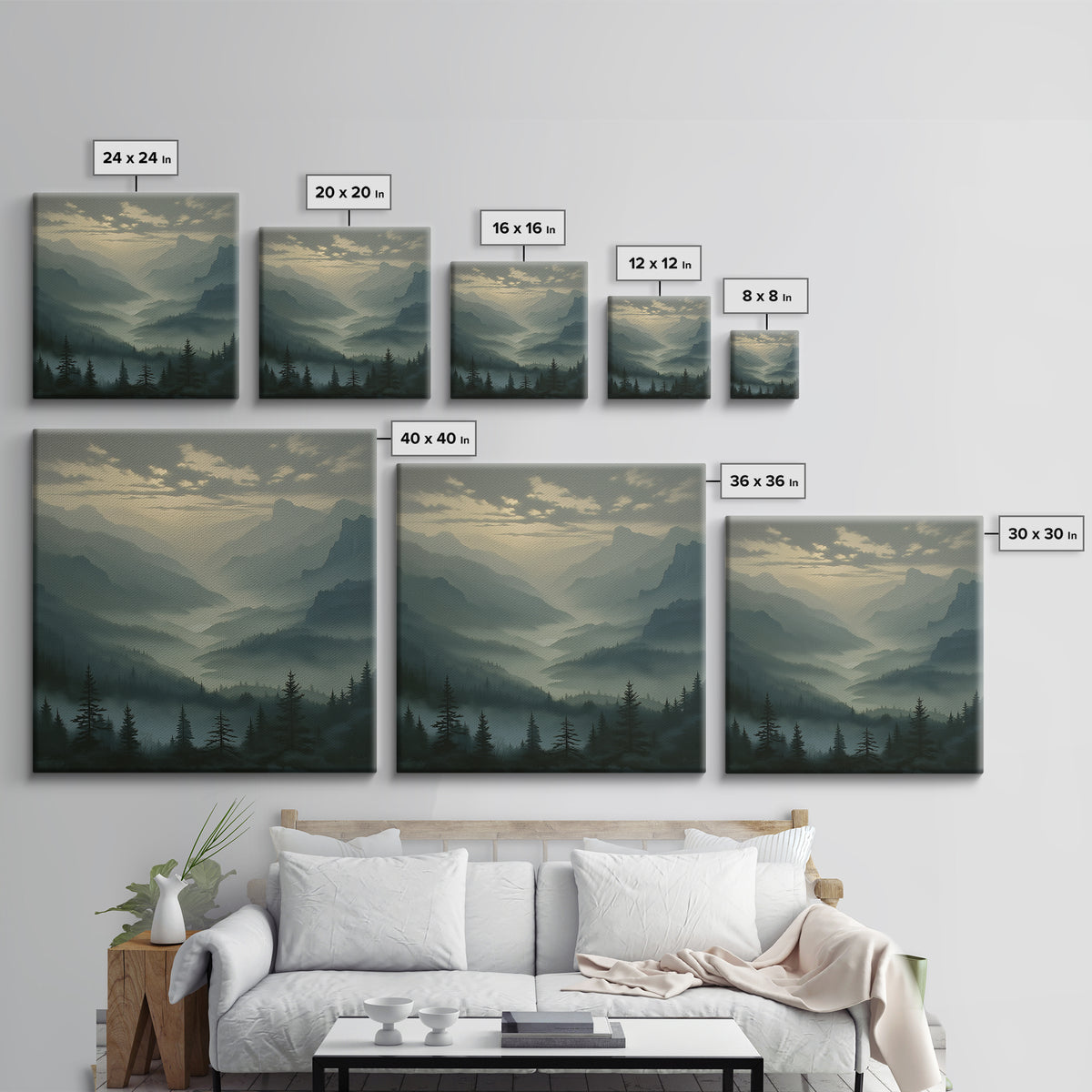 Misty Mountain Valley Framed Canvas Print, General Fine Art, Decor, Living Room Decor, Fine Art, Digital Wall Art, GEN-1x1-28