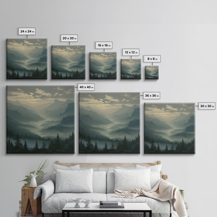 Misty Mountain Valley Framed Canvas Print, General Fine Art, Decor, Living Room Decor, Fine Art, Digital Wall Art, GEN-1x1-28