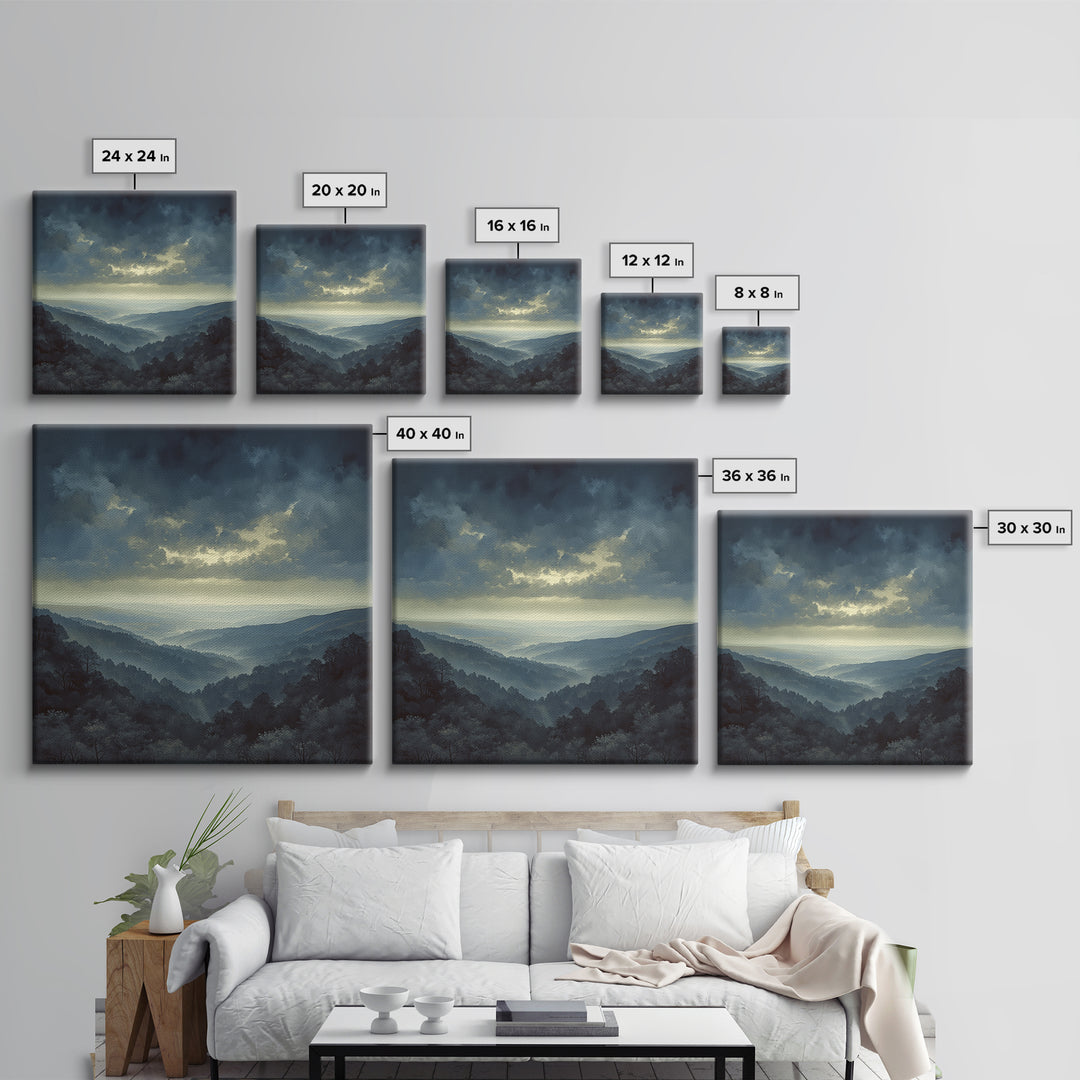Misty Mountain Valley Framed Canvas Print, General Fine Art, Oil Painting, Living Room Decor, Fine Art, Gallery Decor, GEN-1x1-52