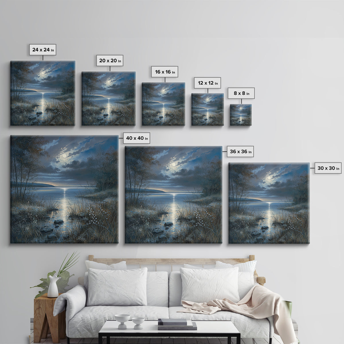 Dreamlike Moonlit Lake Framed Canvas Print, General Fine Art, Boho Decor, Living Room Decor, Fine Art, Wall Decor, GEN-1x1-61