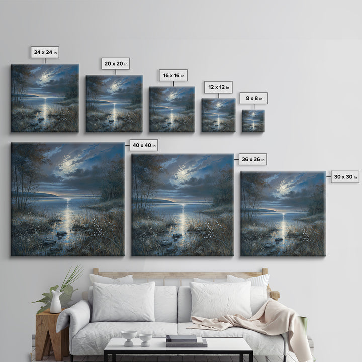 Dreamlike Moonlit Lake Framed Canvas Print, General Fine Art, Boho Decor, Living Room Decor, Fine Art, Wall Decor, GEN-1x1-61