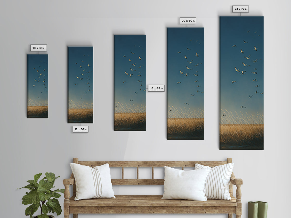 Minimal Birds in Flight over an Open Framed Canvas Print, General Fine Art, Digital Print, Living Room Decor, Watercolor Art, GEN-1x3-58