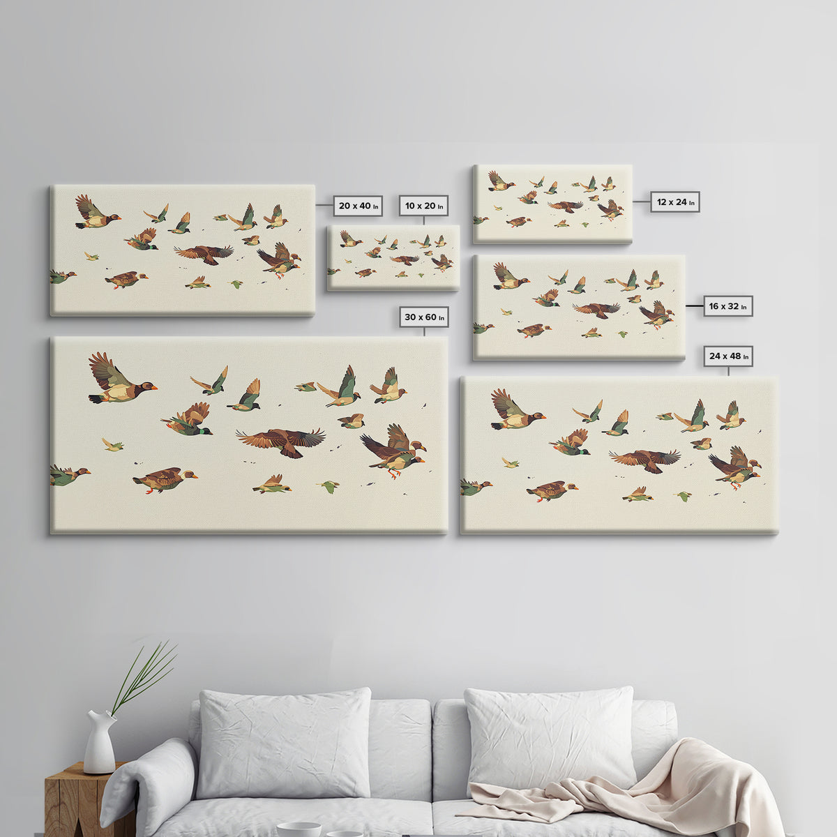 Minimal Birds in Flight over an Open Framed Canvas Print, General Fine Art, Room Decor, Living Room Decor, Fine Art, GEN-2x1-18