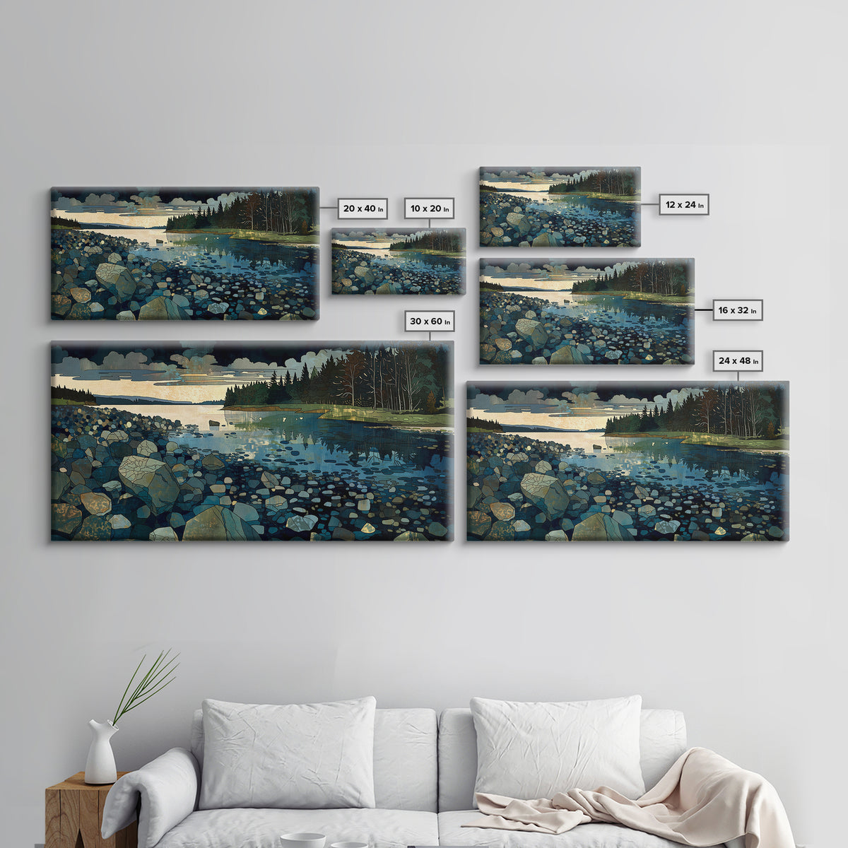 Quiet Abstract River Shape Framed Canvas Print, General Fine Art, Statement Artwork, Living Room Decor, Abstract Art, GEN-2x1-20