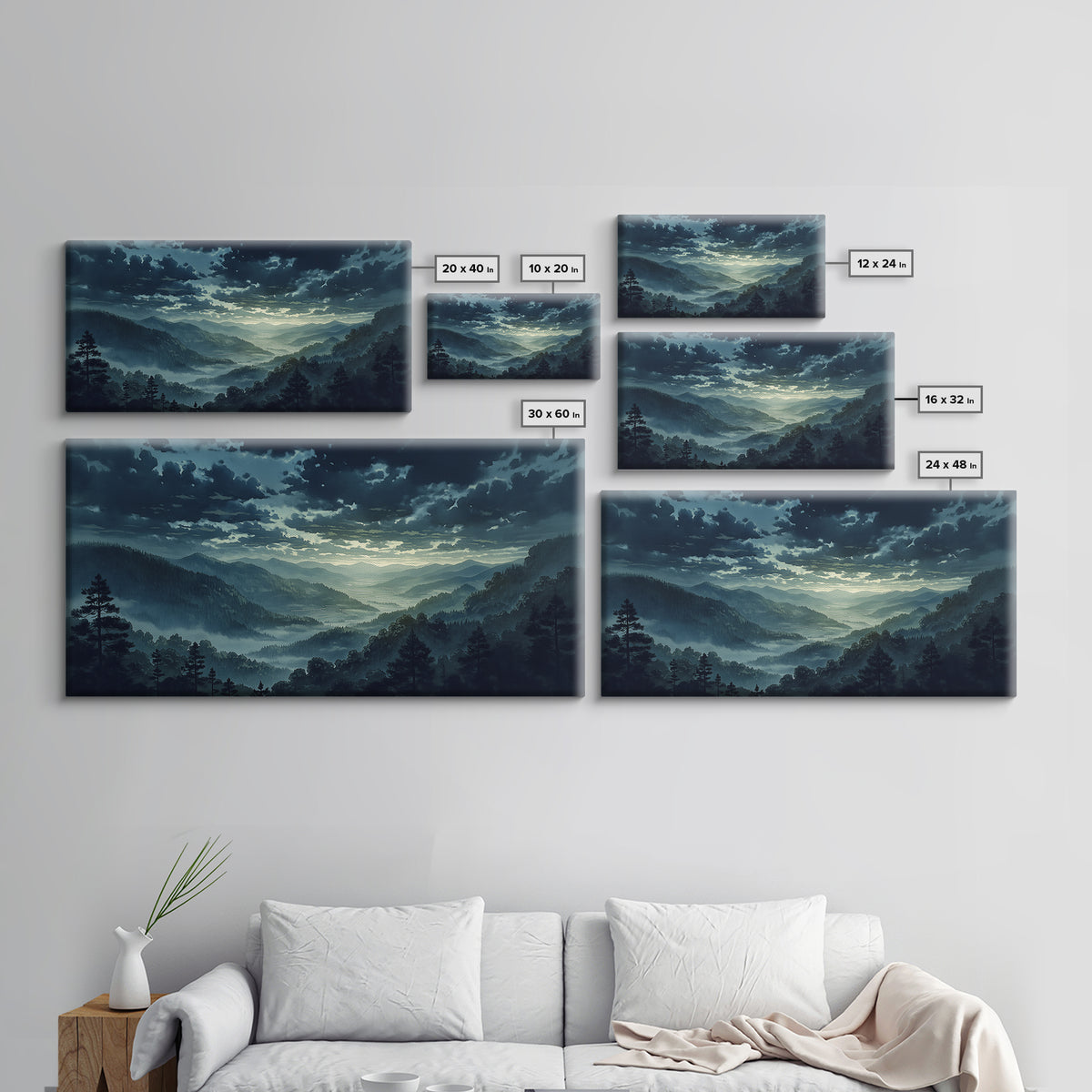 Misty Mountain Valley Framed Canvas Print, General Fine Art, Minimalist Decor, Living Room Decor, Oil Painting, GEN-2x1-24