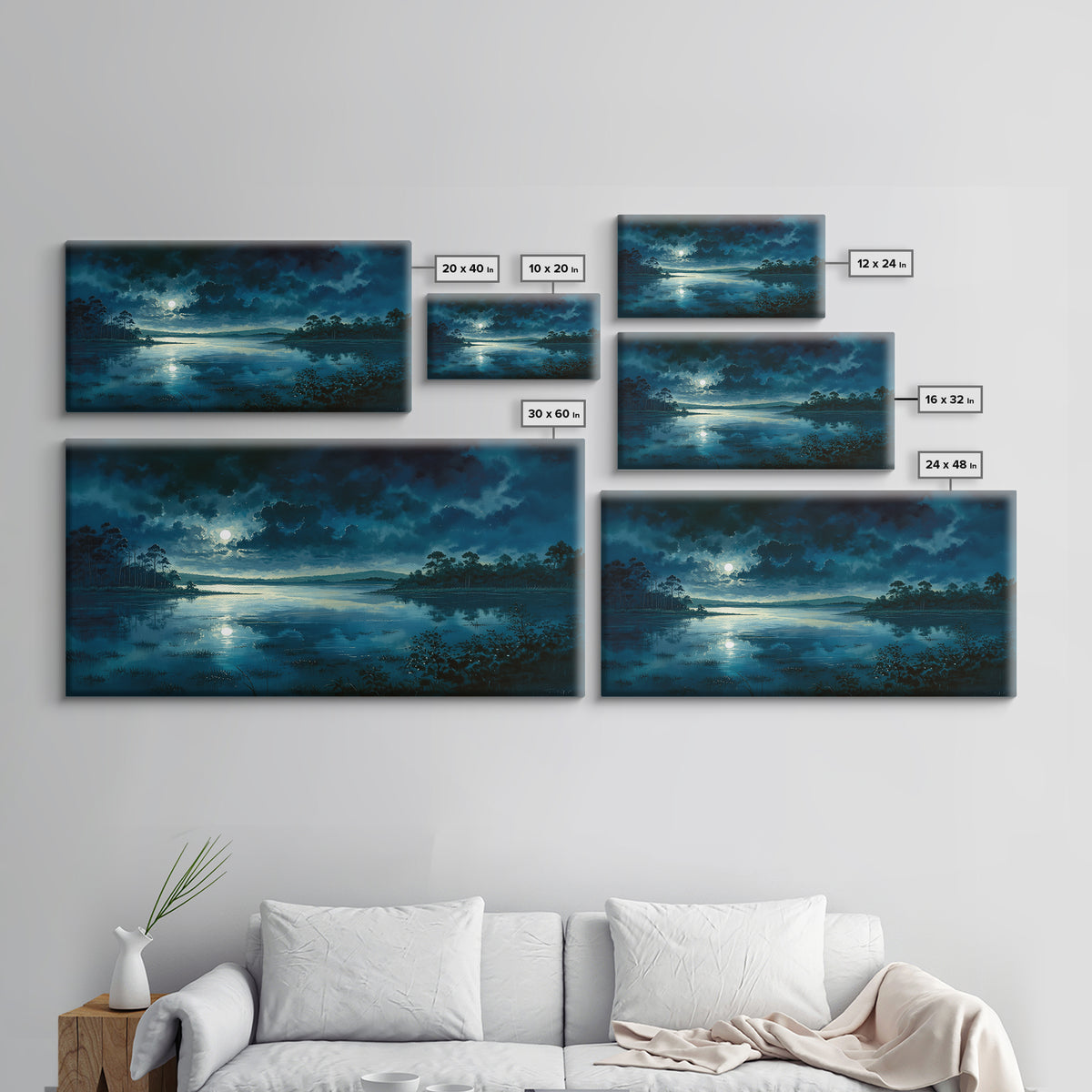 Dreamlike Moonlit Lake Framed Canvas Print, General Fine Art, Art, Living Room Decor, Fine Art, Mid Century Modern, GEN-2x1-33