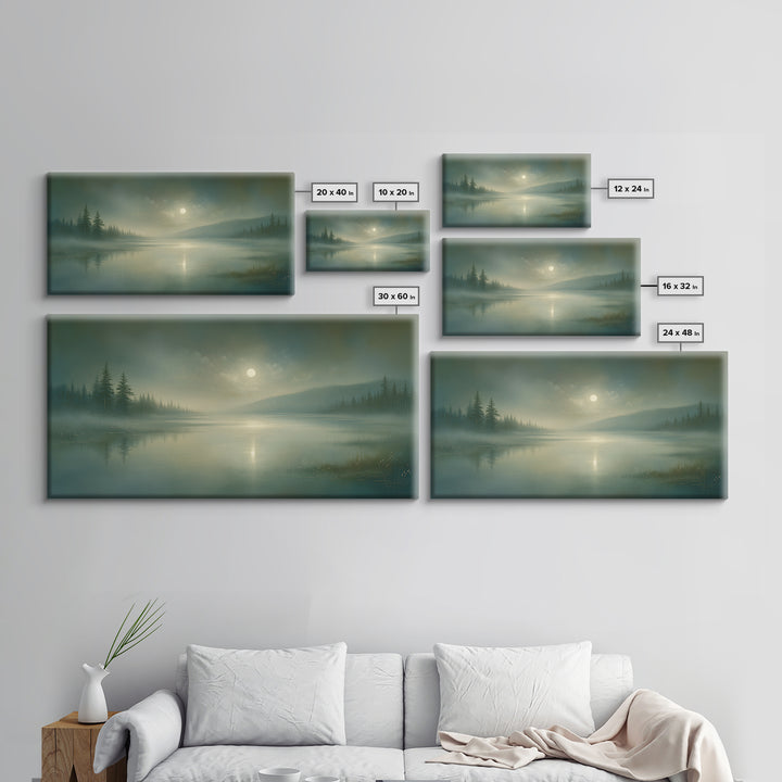Dreamlike Moonlit Lake Framed Canvas Print, General Fine Art, Wall Art Prints, Living Room Decor, Watercolor Art, GEN-2x1-81