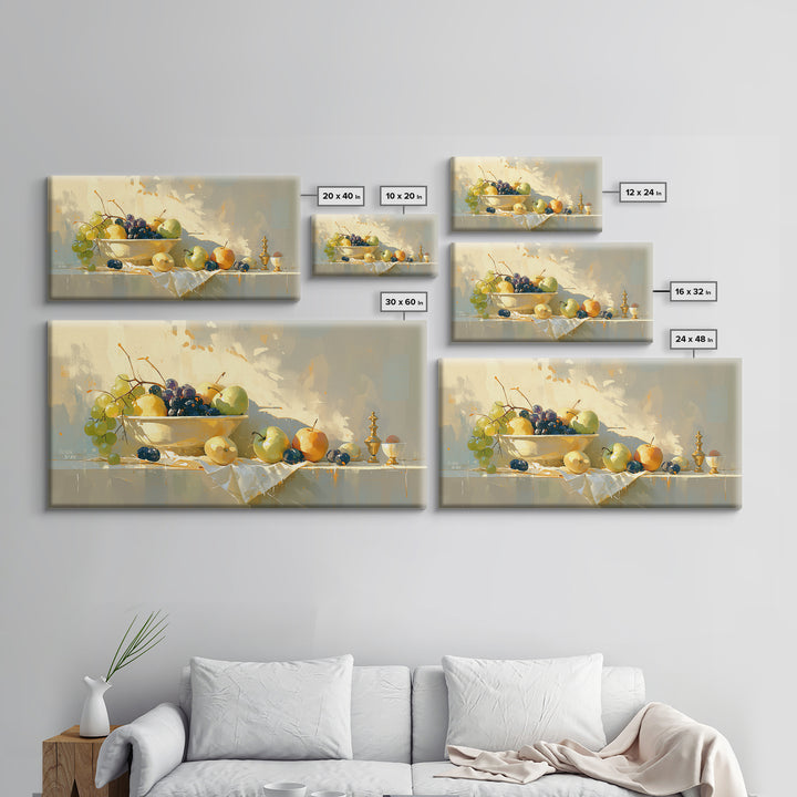 Simple Still Life of Fruit and Linen Framed Canvas Print, General Fine Art, Oil Painting, Living Room Decor, Abstract Art, GEN-2x1-84