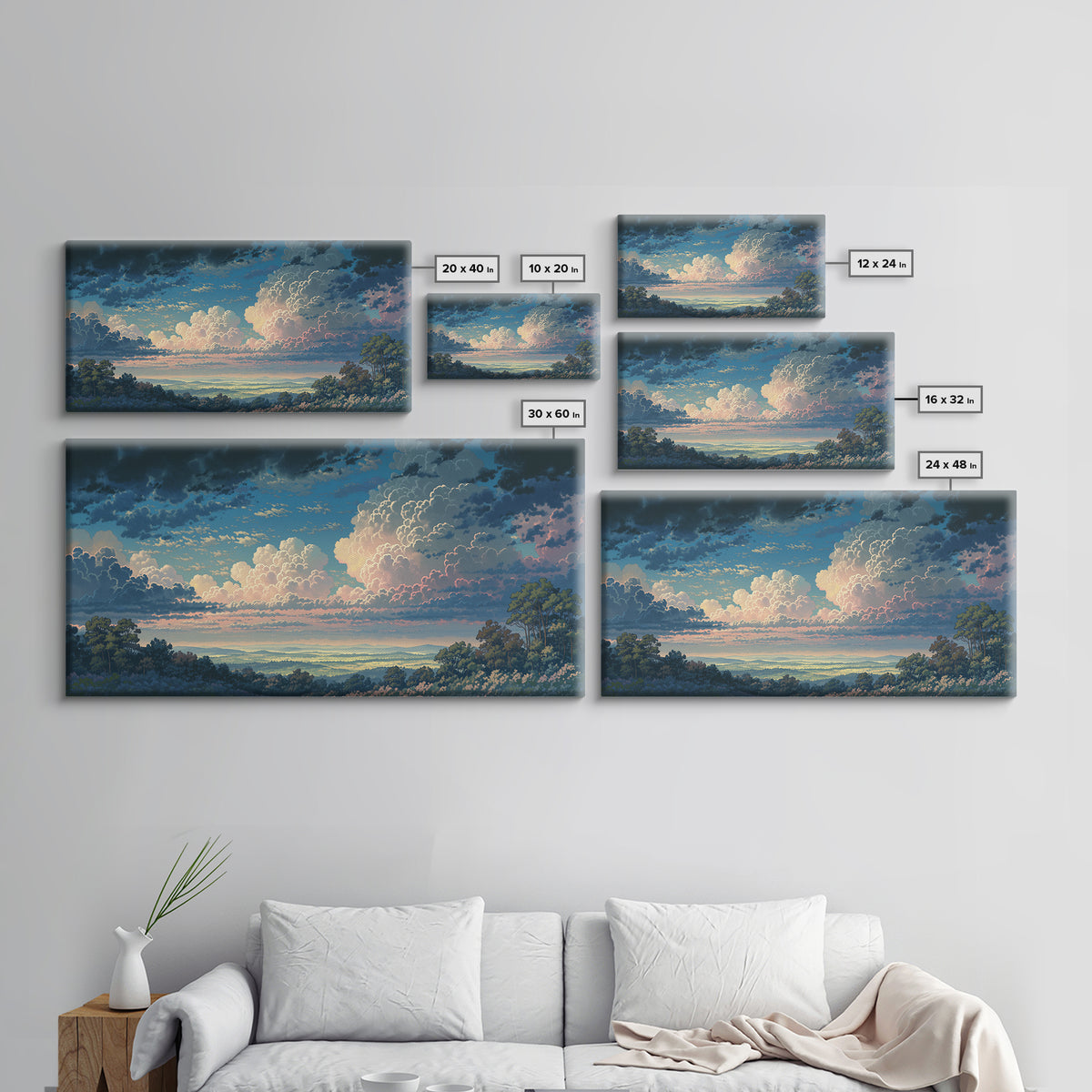 Romantic Cloudscape with Blush and Cream Tones Framed Canvas Print, General Fine Art, Painting, Living Room Decor, Fine Art, GEN-2x1-86