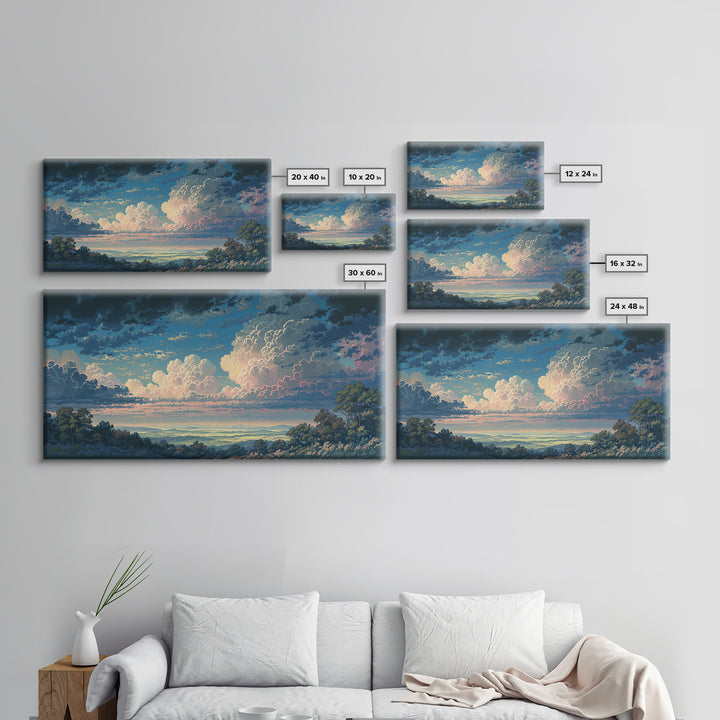 Romantic Cloudscape with Blush and Cream Tones Framed Canvas Print, General Fine Art, Painting, Living Room Decor, Fine Art, GEN-2x1-86