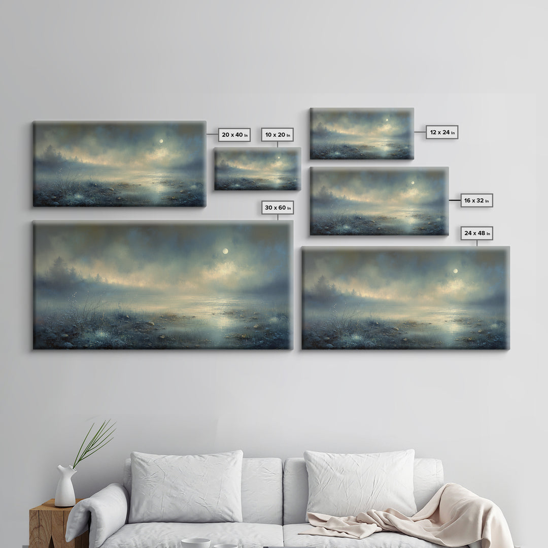 Dreamlike Moonlit Lake Framed Canvas Print, General Fine Art, Art, Living Room Decor, Fine Art, Mid Century Modern, GEN-2x1-9