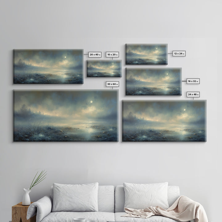 Dreamlike Moonlit Lake Framed Canvas Print, General Fine Art, Art, Living Room Decor, Fine Art, Mid Century Modern, GEN-2x1-9